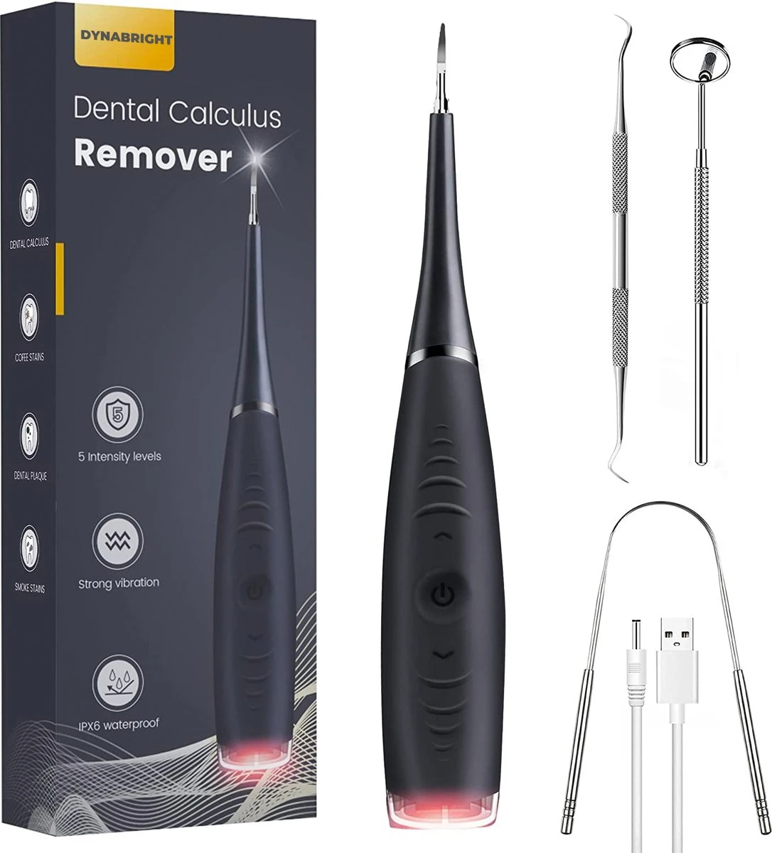 DynaBright Elektrische Tandsteen Verwijderaar - 5 Standen - 5 Delig - Incl. Professionele Tandarts Set - Tandplak - Zwart - Tong Schraper - USB - Tand Verzorging 1 DynaBright Elektrische Tandsteen Verwijderaar - 5 Standen - 5 Delig - Incl. Professionele Tandarts Set - Tandplak - Zwart - Tong Schraper - USB - Tand Verzorging