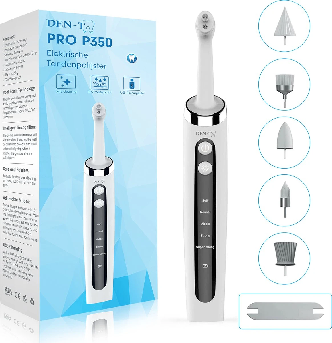 DEN-T® PRO P350 Elektrische Tandenpolijster - Wit - 5 Standen - 5 Opzetstukken - Polijstmachine - Polijstset - Tanden Polijsten - 1 DEN-T® PRO P350 Elektrische Tandenpolijster - Wit - 5 Standen - 5 Opzetstukken - Polijstmachine - Polijstset - Tanden Polijsten -