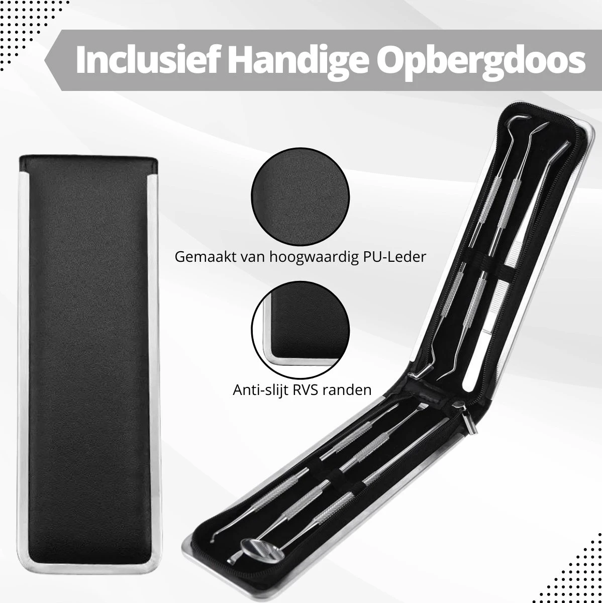 AdroitGoods 7 Delige RVS Tandarts Setje - Incl Haakje En Spiegel - Tandenstokers - Tandplak - Gebit Verzorging Setje 6 AdroitGoods 7 Delige RVS Tandarts Setje - Incl Haakje En Spiegel - Tandenstokers - Tandplak - Gebit Verzorging Setje - Afbeelding 6