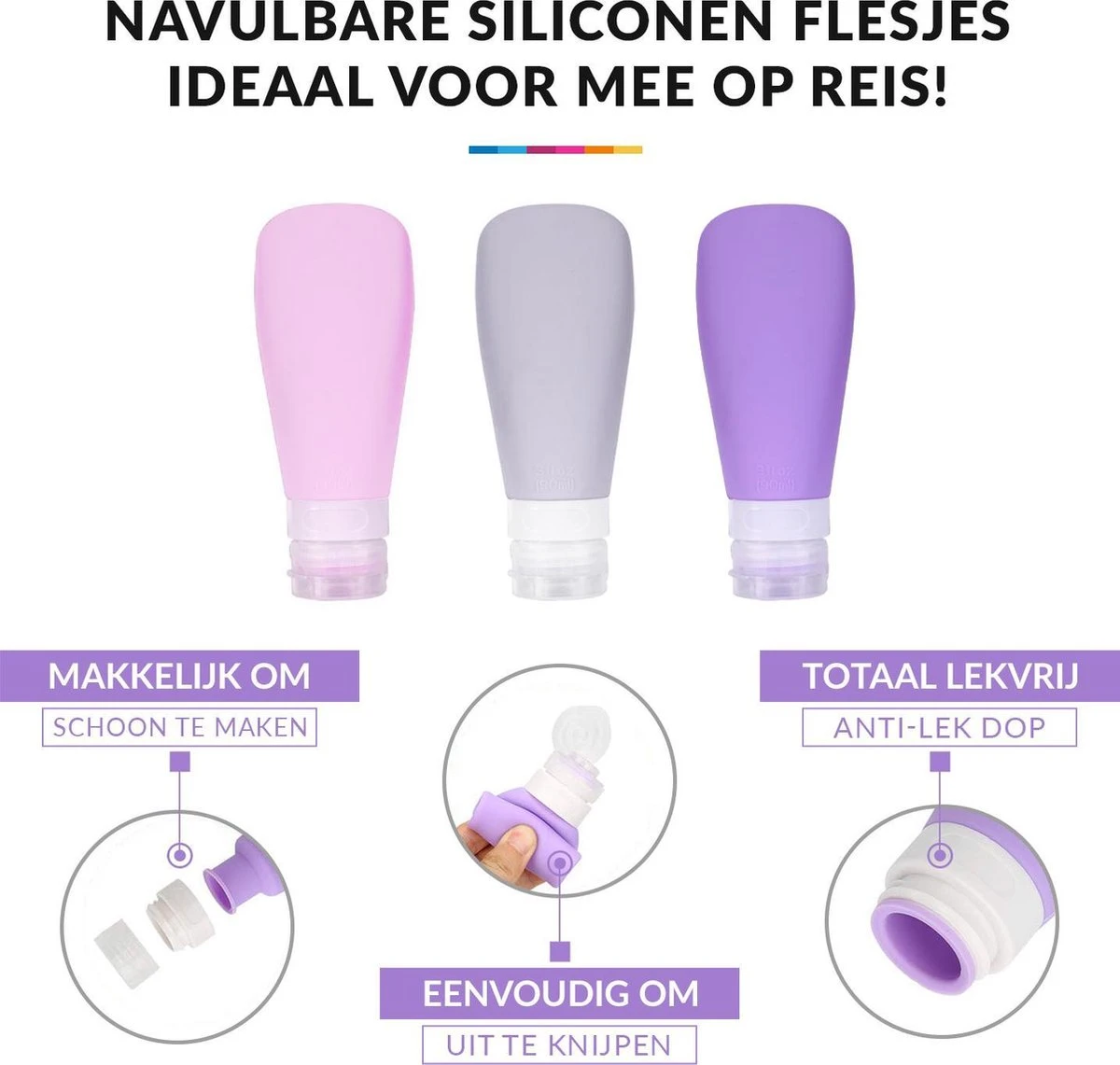 Navulbare Reisflesjes Set – Silicone Reisflacons Handbagage – 3 Stuks 2 Navulbare Reisflesjes Set – Silicone Reisflacons Handbagage – 3 Stuks - Afbeelding 2