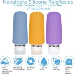 TRVLMORE Silicone Reisflesjes - Navulbaar - Handbagage - 100 ML - 3 Stuks - Oranje/Paars/Blauw -Verzorgings Producten Winkel 1200x1193 7