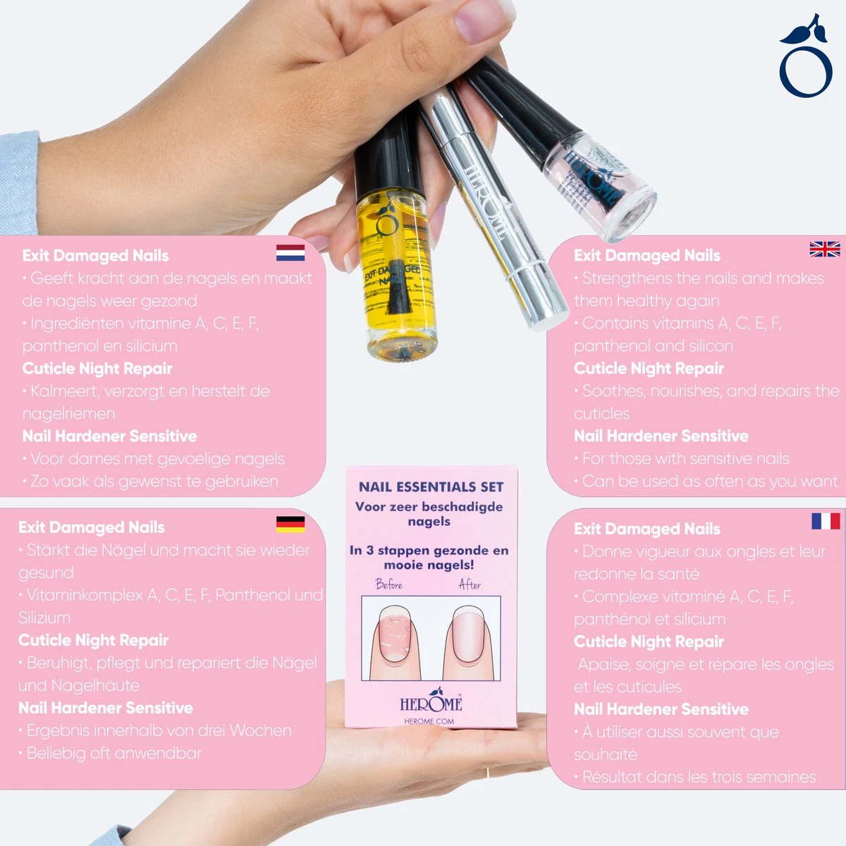 Herome 3 In 1 Manicure Nagelverzorging Set – Beschadigde Nagels – Nagelriemolie, Nagelriemcrème En Nagelverharder 3 Herome 3 In 1 Manicure Nagelverzorging Set – Beschadigde Nagels – Nagelriemolie, Nagelriemcrème En Nagelverharder - Afbeelding 3