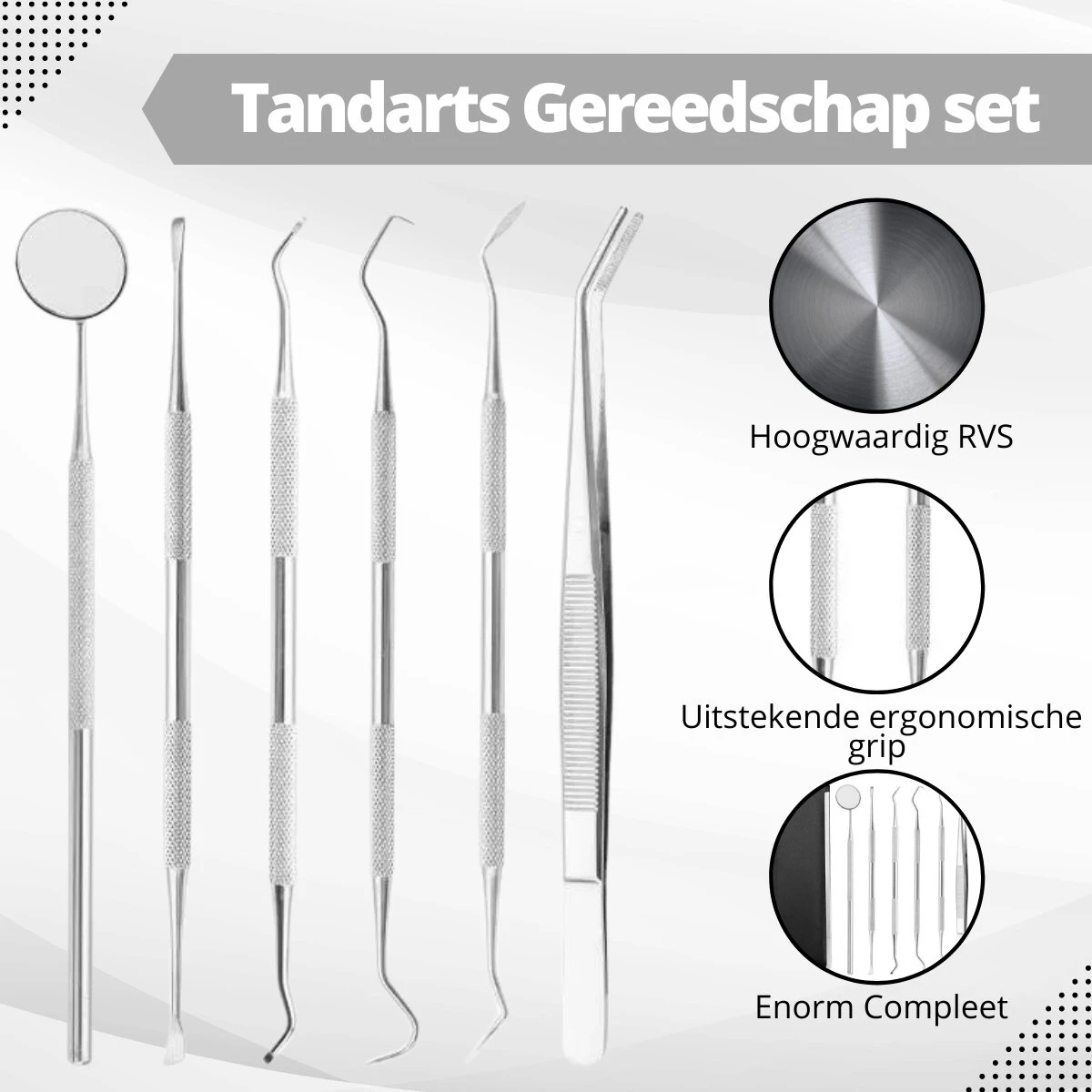 AdroitGoods 7 Delige RVS Tandarts Setje - Incl Haakje En Spiegel - Tandenstokers - Tandplak - Gebit Verzorging Setje 4 AdroitGoods 7 Delige RVS Tandarts Setje - Incl Haakje En Spiegel - Tandenstokers - Tandplak - Gebit Verzorging Setje - Afbeelding 4