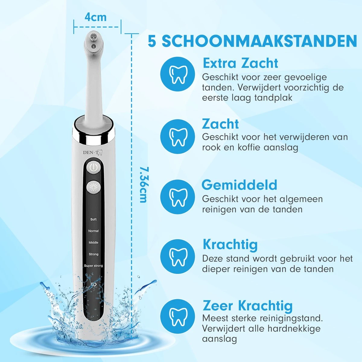 DEN-T® PRO P350 Elektrische Tandenpolijster - Wit - 5 Standen - 5 Opzetstukken - Polijstmachine - Polijstset - Tanden Polijsten - 2 DEN-T® PRO P350 Elektrische Tandenpolijster - Wit - 5 Standen - 5 Opzetstukken - Polijstmachine - Polijstset - Tanden Polijsten - - Afbeelding 2