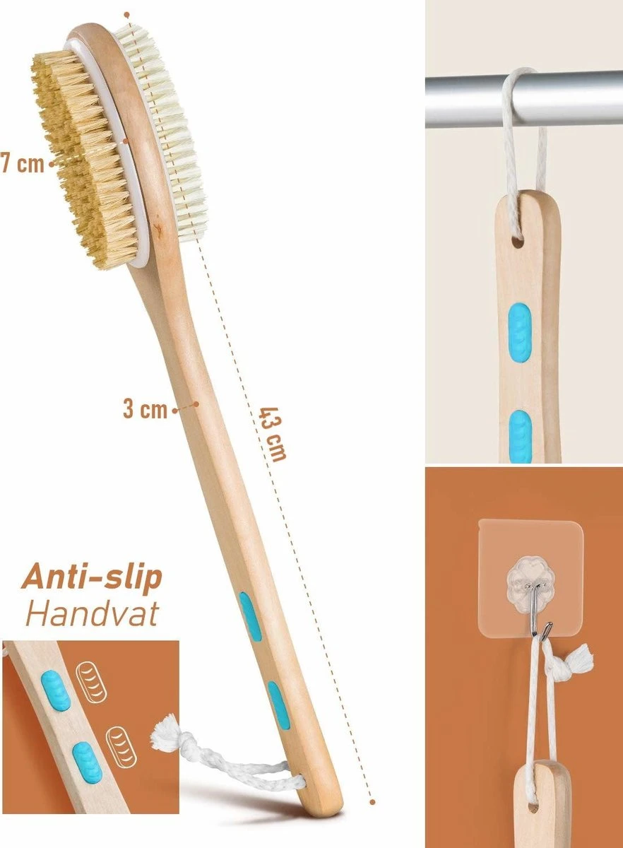 Fesio Lichaamsborstel Met Lange Steel - Dubbelzijdig - Dry Brushing Rugborstel/Badborstel/Doucheborstel/Huidborstel - 43 Cm 3 Fesio Lichaamsborstel Met Lange Steel - Dubbelzijdig - Dry Brushing Rugborstel/Badborstel/Doucheborstel/Huidborstel - 43 Cm - Afbeelding 3